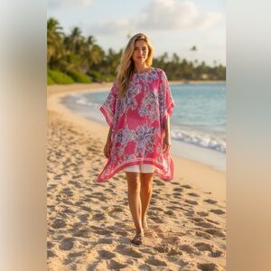 Lilly Pulitzer SILK CAFTAN DRESS Nice Stems PINK Palm Trees S/Medium